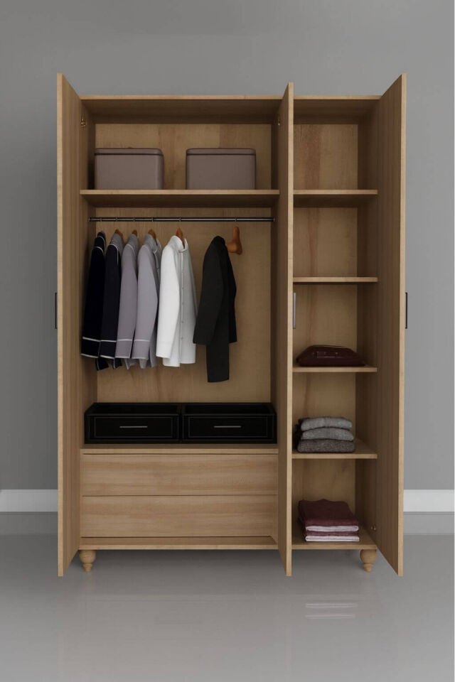 Gülsün 3 Kapaklı Çekmeceli Dolap | MDF Gövde | Ağaç Ayaklar | Şık ve Fonksiyonel Genç Odası Dolabı