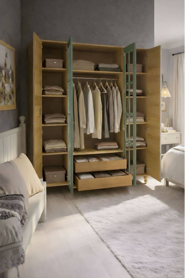 Gülsün 4 Kapaklı Çekmeceli Dolap | MDF Gövde | Ağaç Ayaklar | Geniş ve Şık Genç Odası Dolabı