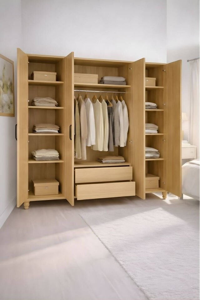 Alin Wood 4 Kapaklı Çekmeceli Dolap | MDF Gövde | Ağaç Ayaklar | Geniş ve Şık Depolama Alanı