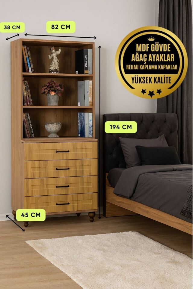 Alin Wood Genç Odası Kitaplık ve Şifonyer Set | MDF Gövde | Ağaç Ayaklar | Fonksiyonel ve Şık Tasarım