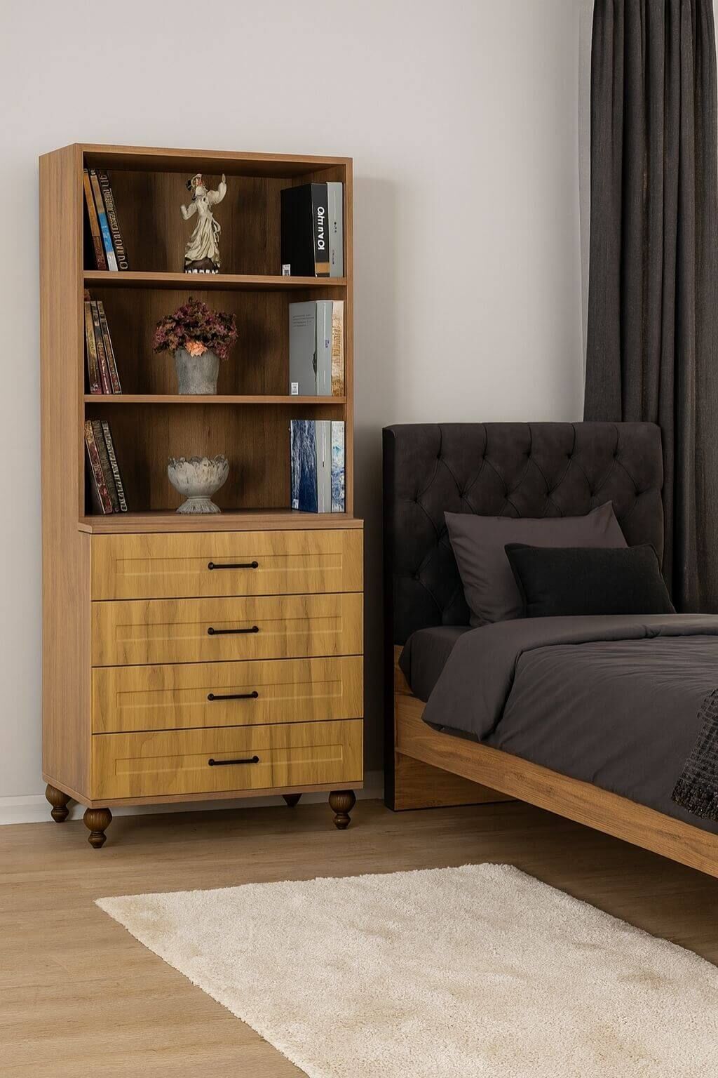 Alin Wood Çekmeceli Şifonyer ve Kitaplık Seti | MDF Gövde | Ağaç Ayaklar | Fonksiyonel ve Şık Tasarım