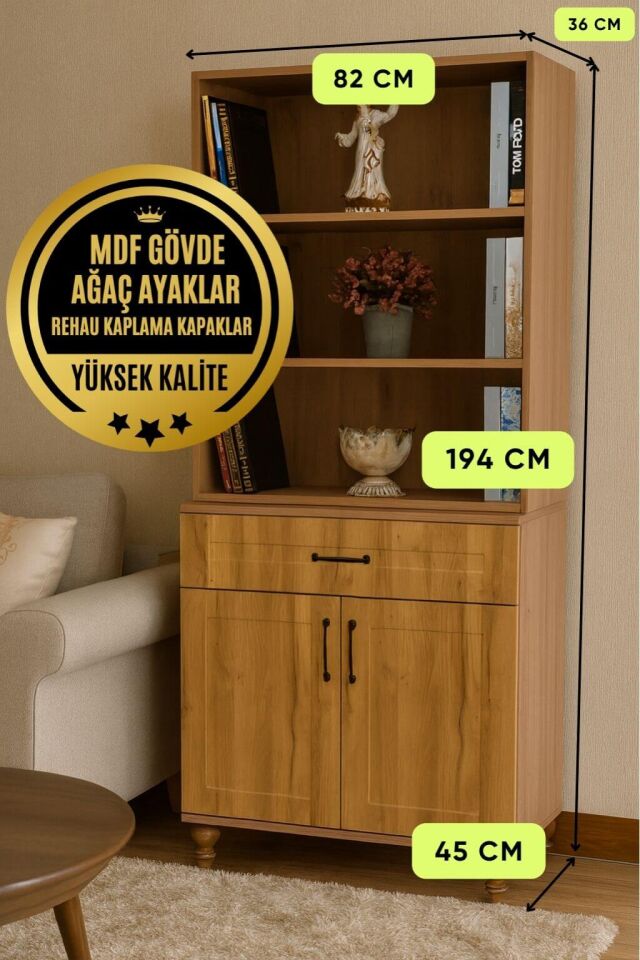 Alin Wood Kapaklı Şifonyer ve Kitaplık Set | MDF Gövde | Ağaç Ayaklar | Şıklıkla Bütünleşen Fonksiyonellik