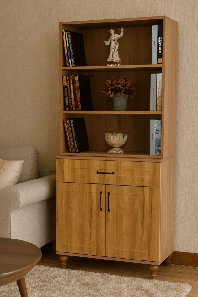 Alin Wood Kapaklı Şifonyer ve Kitaplık Set | MDF Gövde | Ağaç Ayaklar | Şıklıkla Bütünleşen Fonksiyonellik