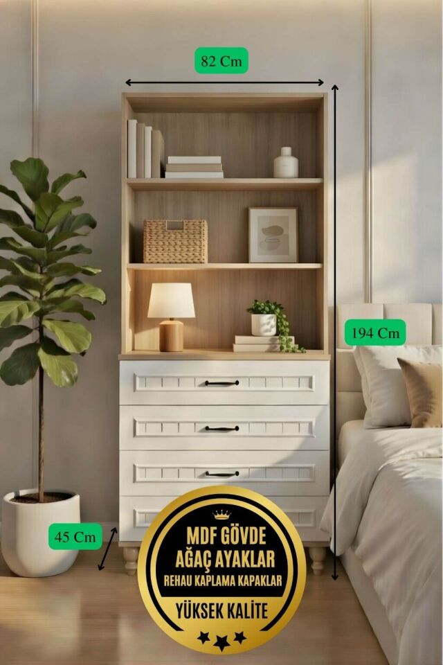 Nefes Çekmeceli Şifonyer ve Kitaplık Set | MDF Gövde | Ağaç Ayaklar | Estetik ve Pratik Çözüm