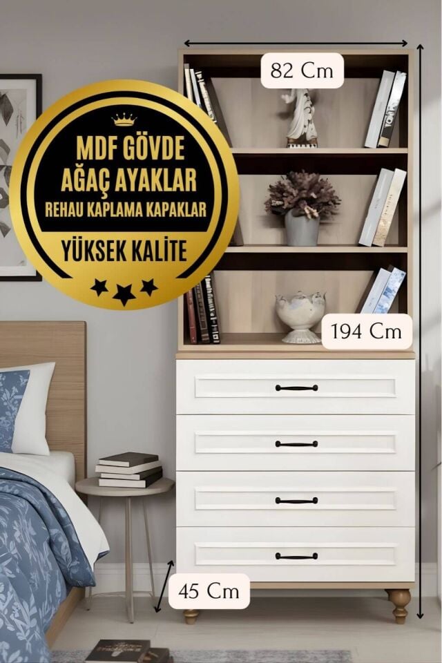 Nefes Çekmeceli Şifonyer ve Kitaplık Set | MDF Gövde | Ağaç Ayaklar | Estetik ve Pratik Çözüm