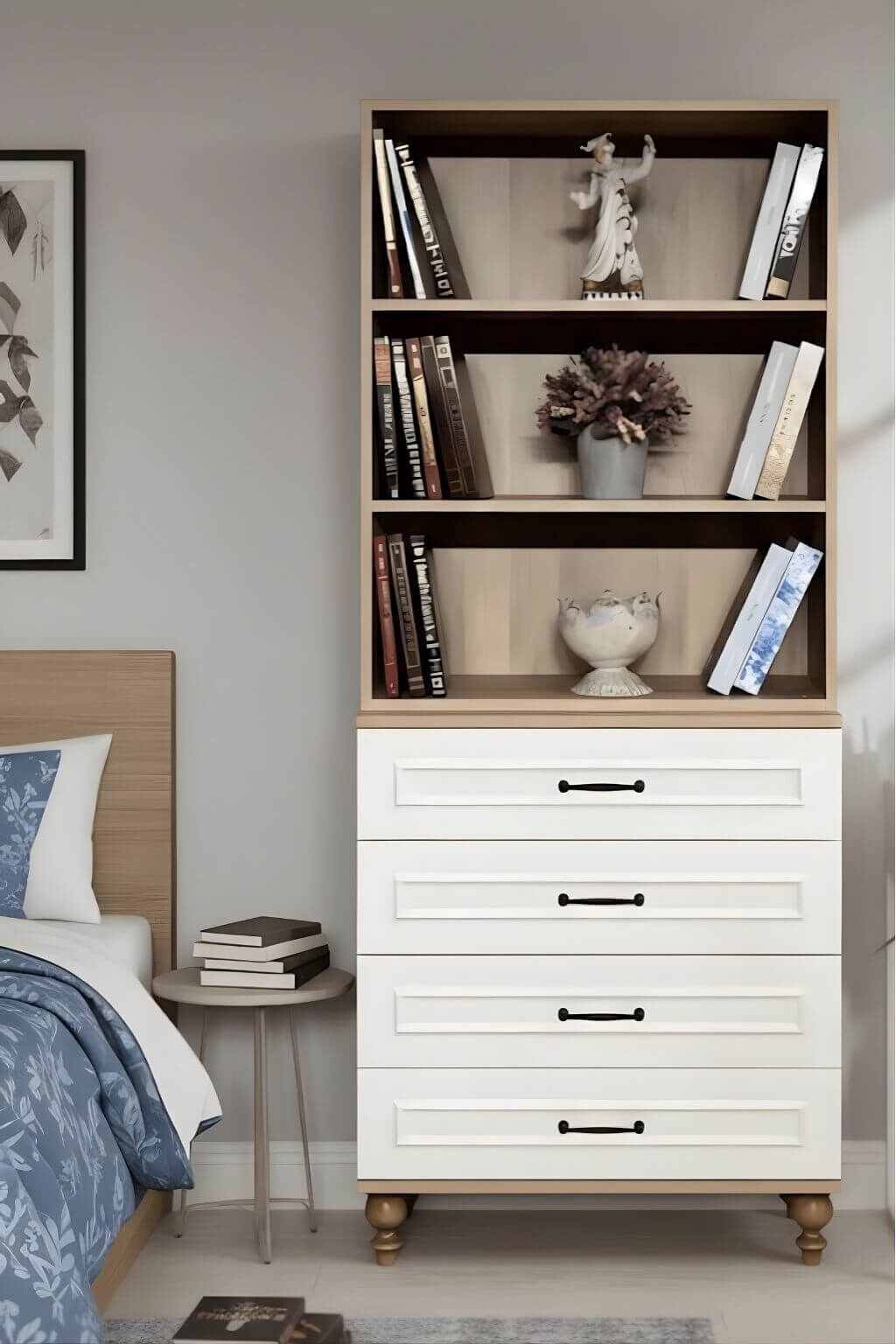 Nefes Çekmeceli Şifonyer ve Kitaplık Set | MDF Gövde | Ağaç Ayaklar | Estetik ve Pratik Çözüm