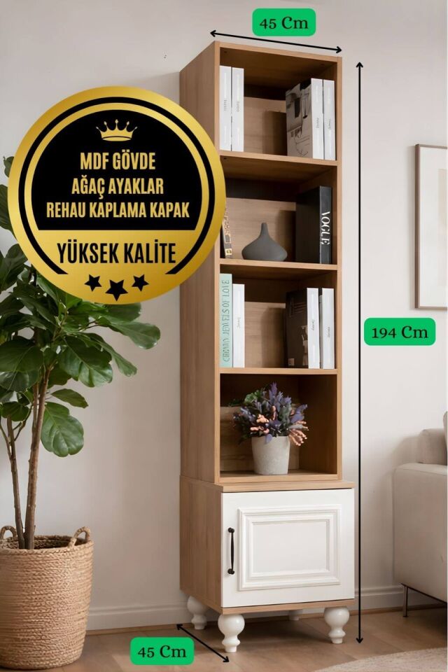 Sicilya Beyaz Renk Komodin ve Kitaplık Set | MDF Gövde | Ağaç Ayaklar | Dekoratif ve Fonksiyonel Mobilya