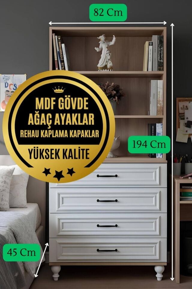 Sicilya Çekmeceli Şifonyer ve Kitaplık Set | MDF Gövde | Ağaç Ayaklar | Estetik ve Pratik Çözüm