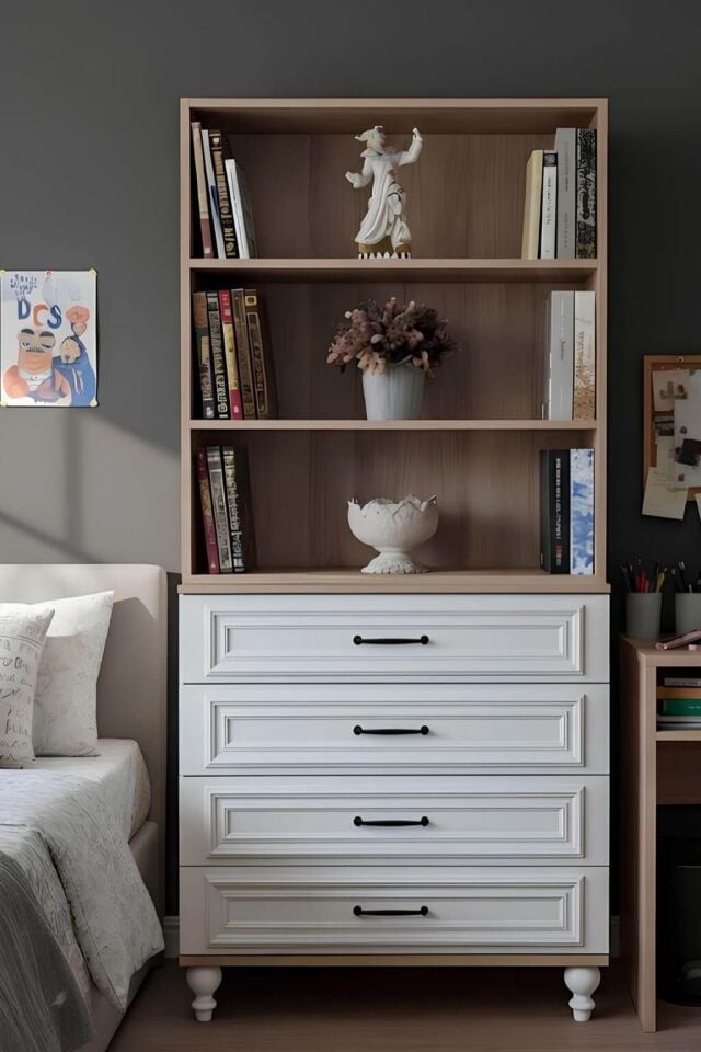 Sicilya Çekmeceli Şifonyer ve Kitaplık Set | MDF Gövde | Ağaç Ayaklar | Estetik ve Pratik Çözüm