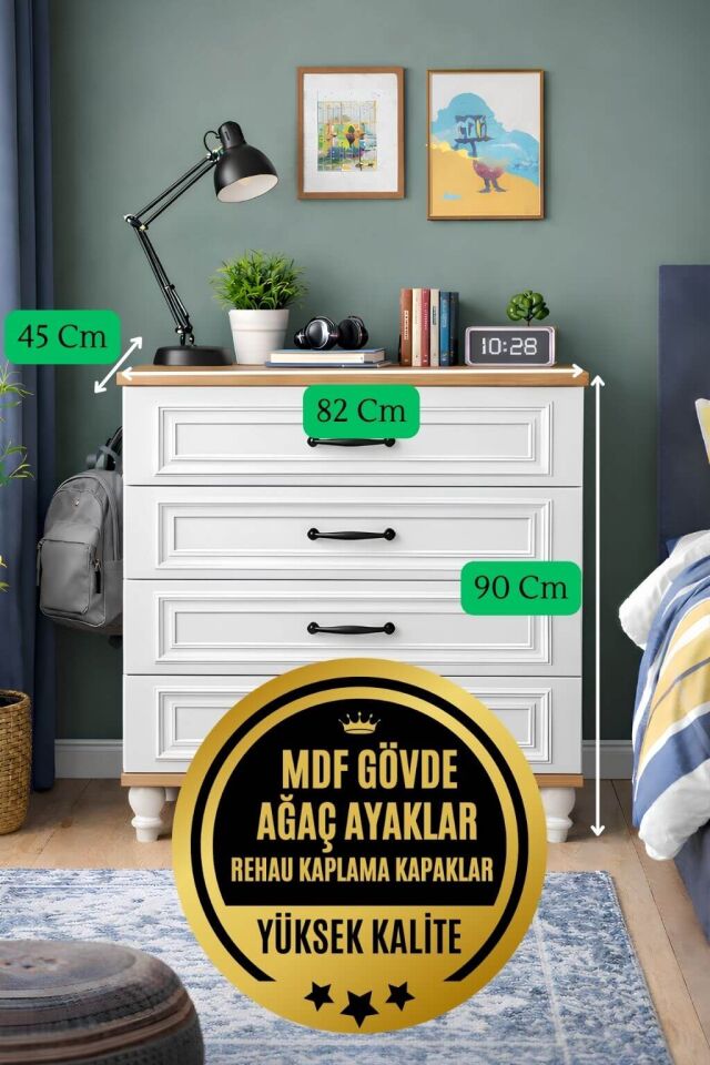 Sicilya Genç Odası Şifonyer | MDF Gövde | Ağaç Ayaklar | Fonksiyonellik ve Şıklığı Buluşturan Tasarım