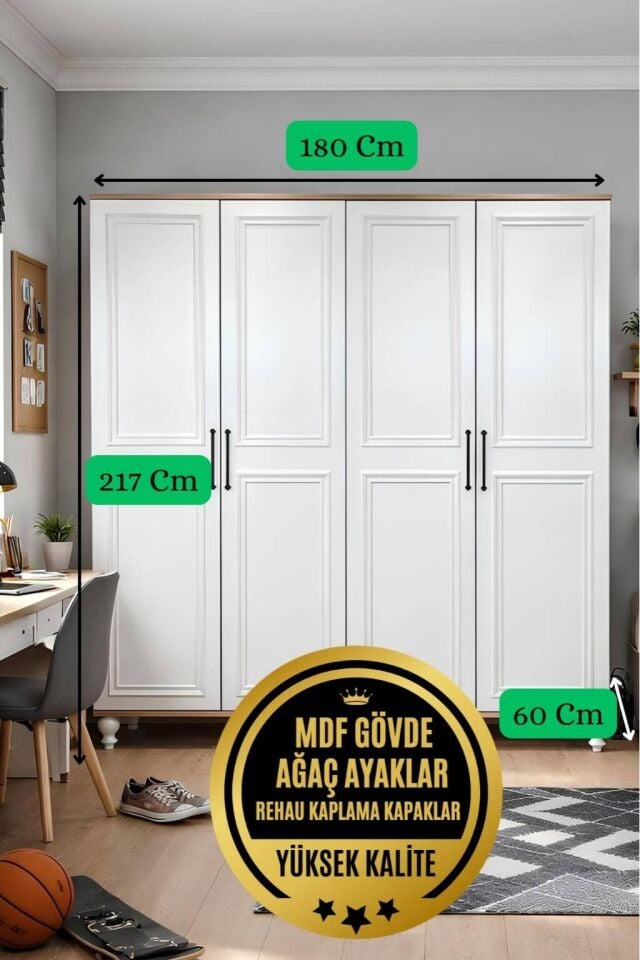 Sicilya Dolap 4 Kapaklı | MDF Gövde | Ağaç Ayaklar | Estetik Dokunuşlarla Geliştirilmiş Yapı