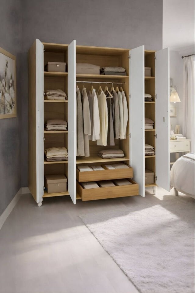 Sicilya Dolap 4 Kapaklı - Çekmeceli | MDF Gövde | Ağaç Ayaklar | Estetik Dokunuşlarla Geliştirilmiş Yapı