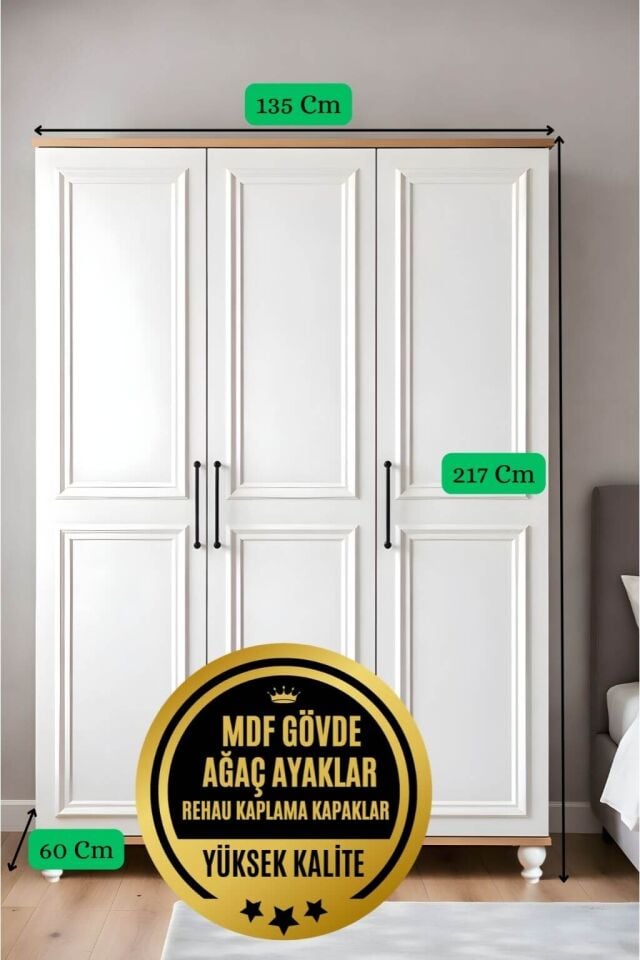 Sicilya Dolap 3 Kapaklı | MDF Gövde | Ağaç Ayaklar | Estetik Dokunuşlarla Geliştirilmiş Yapı