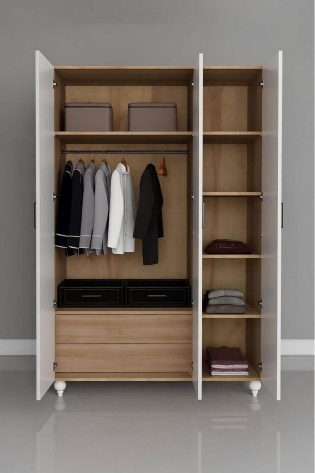 Sicilya Dolap 3 Kapaklı - Çekmeceli | MDF Gövde | Ağaç Ayaklar | Estetik Dokunuşlarla Geliştirilmiş Yapı