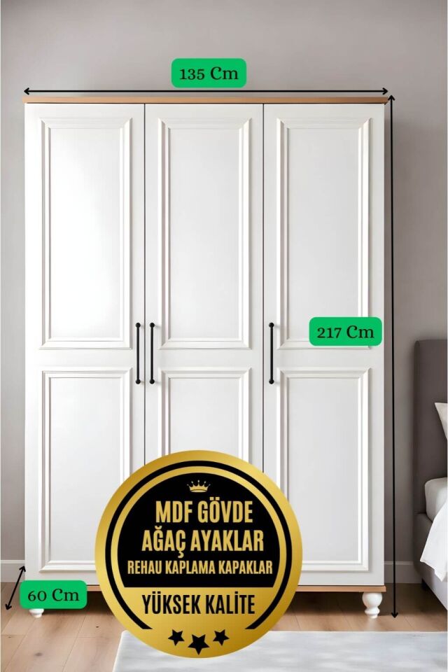 Sicilya 3 Kapaklı Çekmeceli Genç Odası Dolabı | MDF Gövde | Ağaç Ayaklar | Estetik Dokunuşlarla Geliştirilmiş Yapı