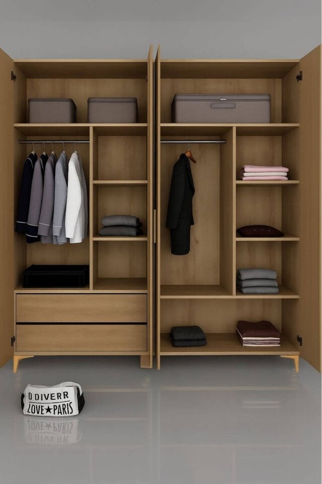 Ege Dolap 4 Kapaklı - Çekmeceli | MDF Gövde | Ağaç Ayaklar | Fonksiyonellik ve Şıklığı Buluşturan Tasarım