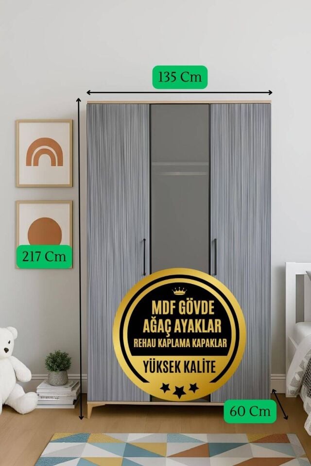 Ege Dolap 3 Kapaklı - Çekmeceli | MDF Gövde | Ağaç Ayaklar | Fonksiyonellik ve Şıklığı Buluşturan Tasarım