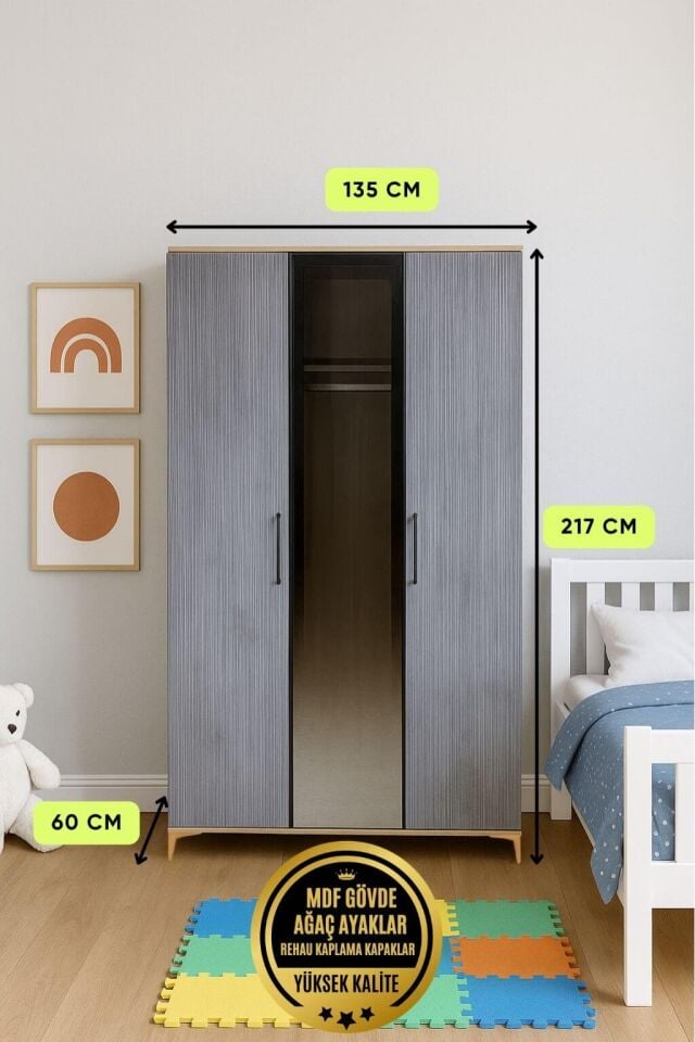Ege Dolap 3 Kapaklı | MDF Gövde | Ağaç Ayaklar | Modern ve Kullanışlı Tasarım