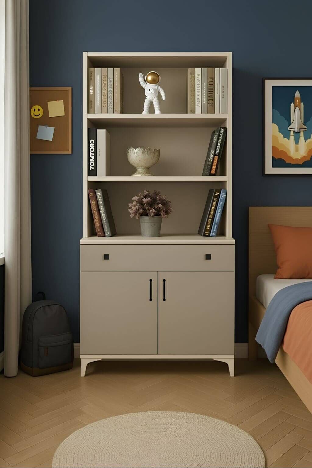 Deniz Kapaklı Şifonyer ve Kitaplık Set | MDF Gövde | Ağaç Ayaklar | Şık ve Fonksiyonel Genç Odası Şifonyeri