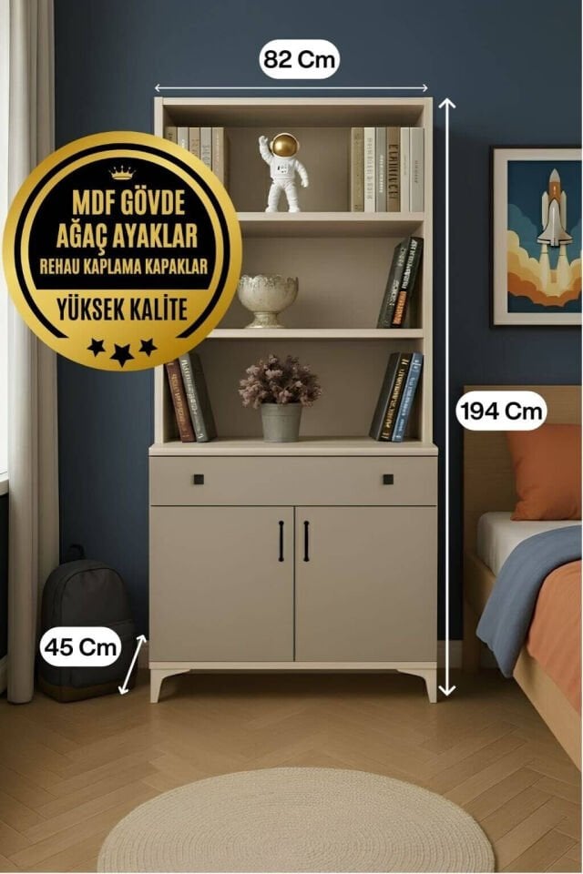 Deniz Çocuk Odası Şifonyer ve Kitaplık Set | MDF Gövde | Ağaç Ayaklar | Şık ve Fonksiyonel Genç Odası Şifonyeri