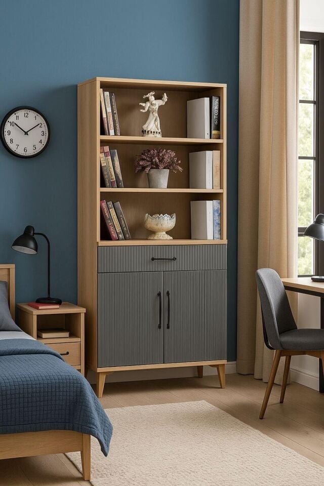 Ege Kapaklı Şifonyer ve Kitaplık Set | MDF Gövde | Ağaç Ayaklar | Şıklıkla Bütünleşen Fonksiyonellik