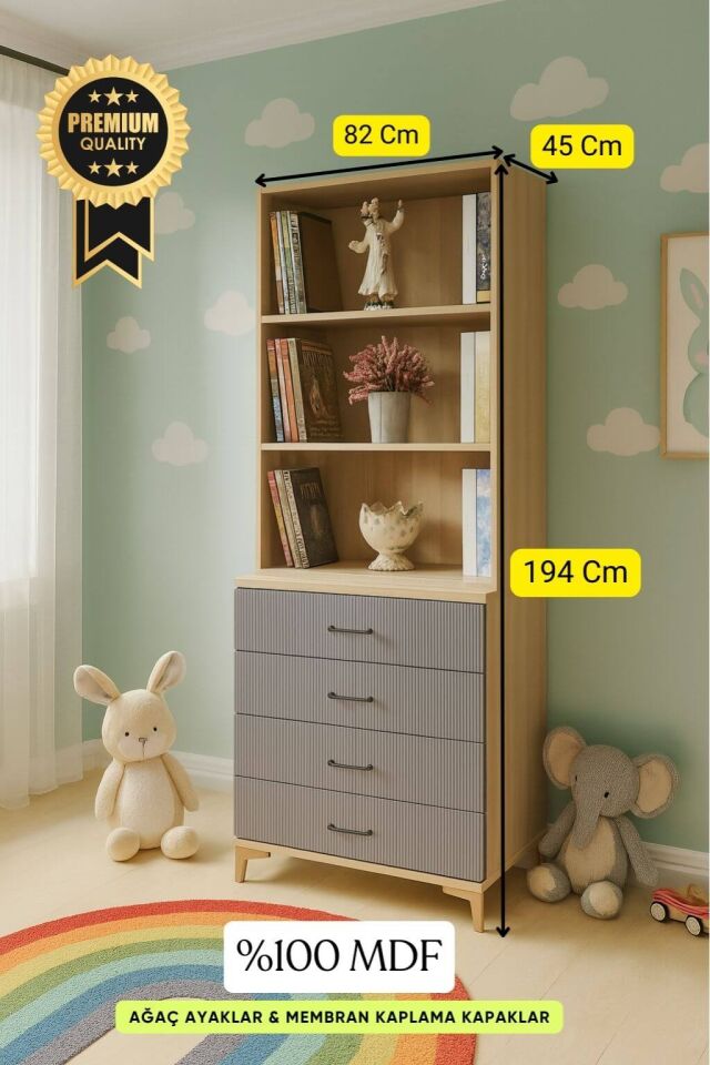 Ege Çekmeceli Şifonyer ve Kitaplık Set | MDF Gövde | Ağaç Ayaklar | Estetik ve Pratik Çözüm
