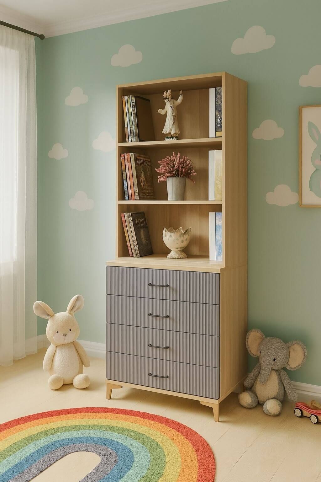 Ege Çekmeceli Şifonyer ve Kitaplık Set | MDF Gövde | Ağaç Ayaklar | Estetik ve Pratik Çözüm