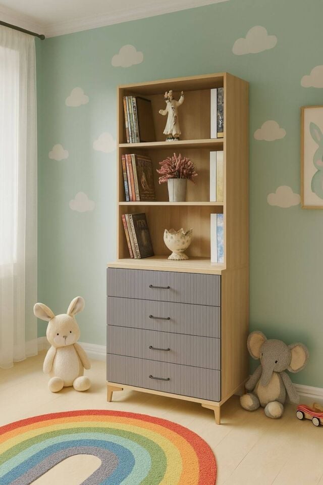 Ege Çekmeceli Şifonyer ve Kitaplık Set | MDF Gövde | Ağaç Ayaklar | Estetik ve Pratik Çözüm