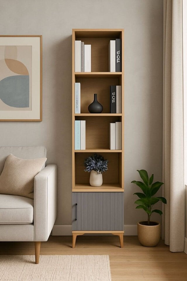 Ege Komodin ve Kitaplık Set | MDF Gövde | Ağaç Ayaklar | Dekoratif ve Fonksiyonel Mobilya