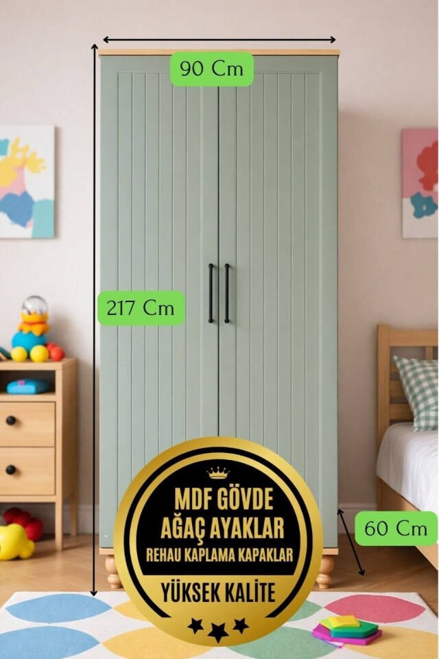 Gülsün 2 Kapaklı Çekmeceli Dolap | MDF Gövde | Ağaç Ayaklar | Şık ve Fonksiyonel Genç Odası Dolabı