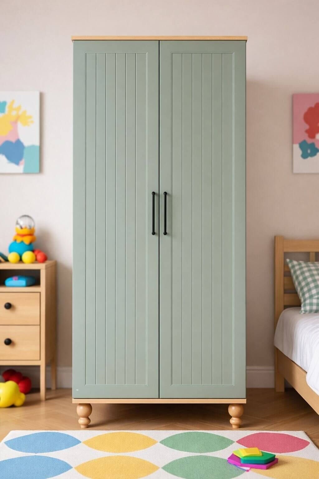 Gülsün 2 Kapaklı Çekmeceli Dolap | MDF Gövde | Ağaç Ayaklar | Şık ve Fonksiyonel Genç Odası Dolabı