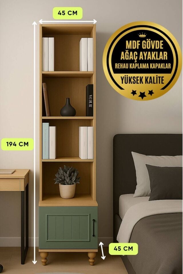 Gülsün Komodin ve Kitaplık Set | MDF Gövde | Ağaç Ayaklar | Şık ve Fonksiyonel Genç Odası Komodin ve Kitaplık Seti