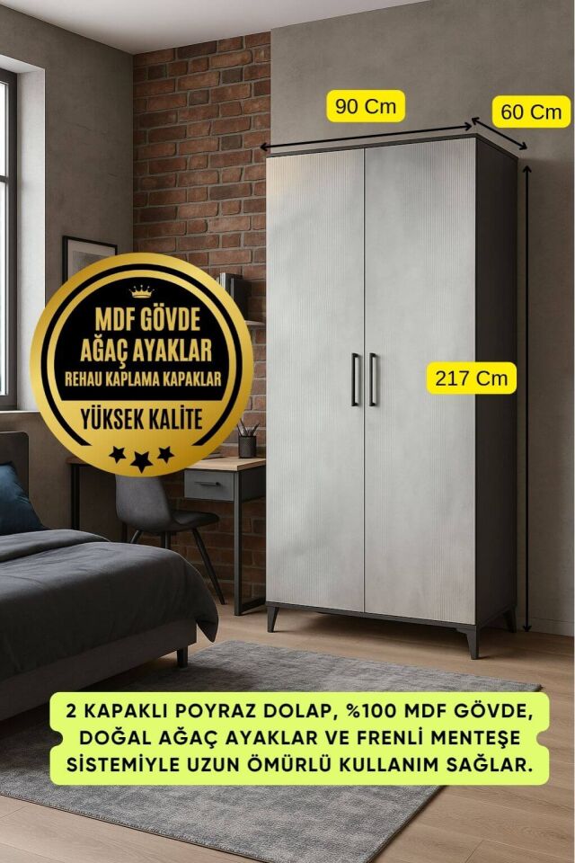 Poyraz 2 Kapılı Çocuk Odası Dolabı | MDF Gövde | Ağaç Ayaklar | Modern ve Kullanışlı Tasarım