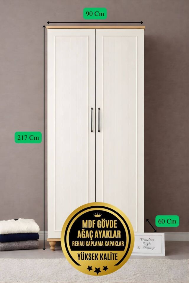 Nefes 2 Kapaklı Çekmeceli Dolap | MDF Gövde | Ağaç Ayaklar | Şık ve Fonksiyonel Genç Odası Dolabı