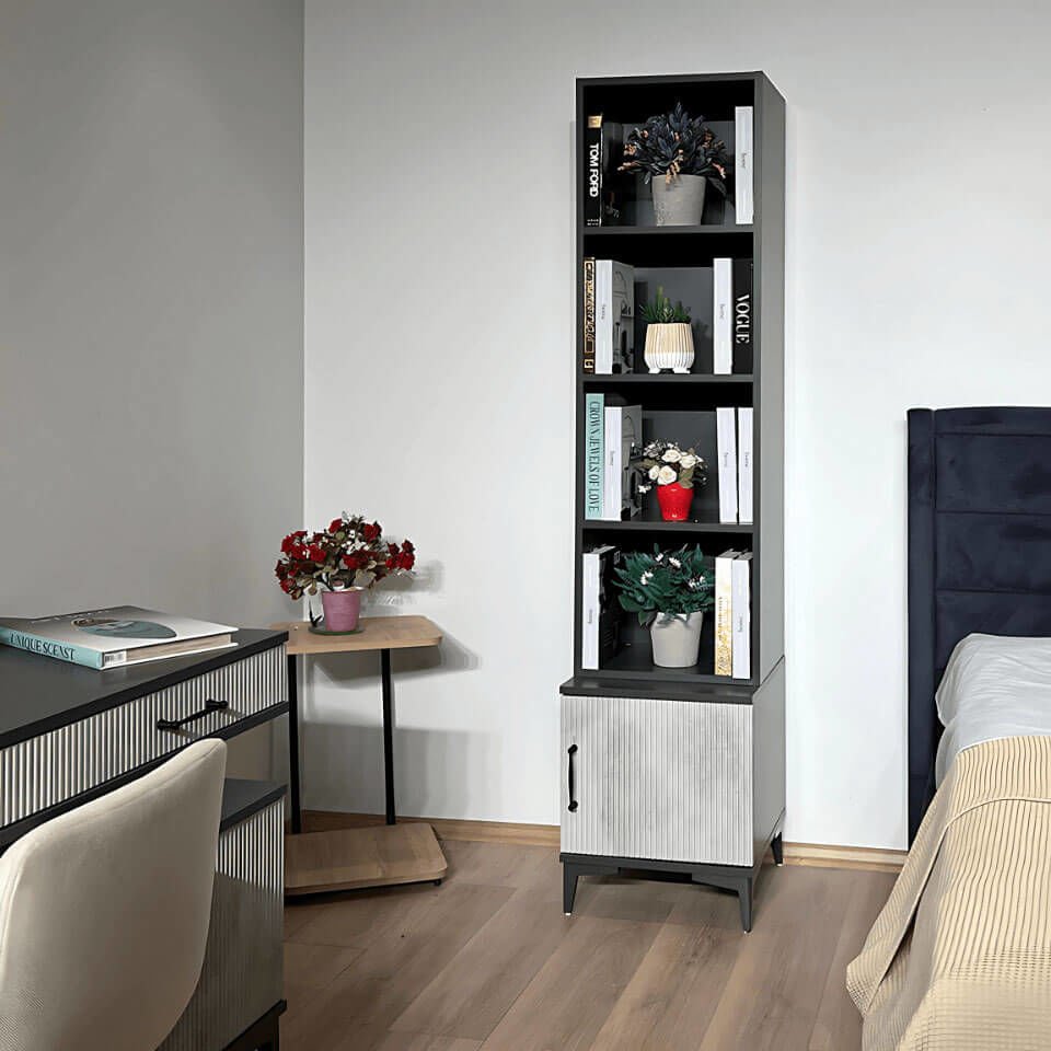 Poyraz Komodin ve Kitaplık Set | MDF Gövde | Ağaç Ayaklar | Dekoratif ve Fonksiyonel Mobilya