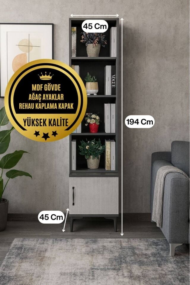 Poyraz Komodin ve Kitaplık Set | MDF Gövde | Ağaç Ayaklar | Dekoratif ve Fonksiyonel Mobilya