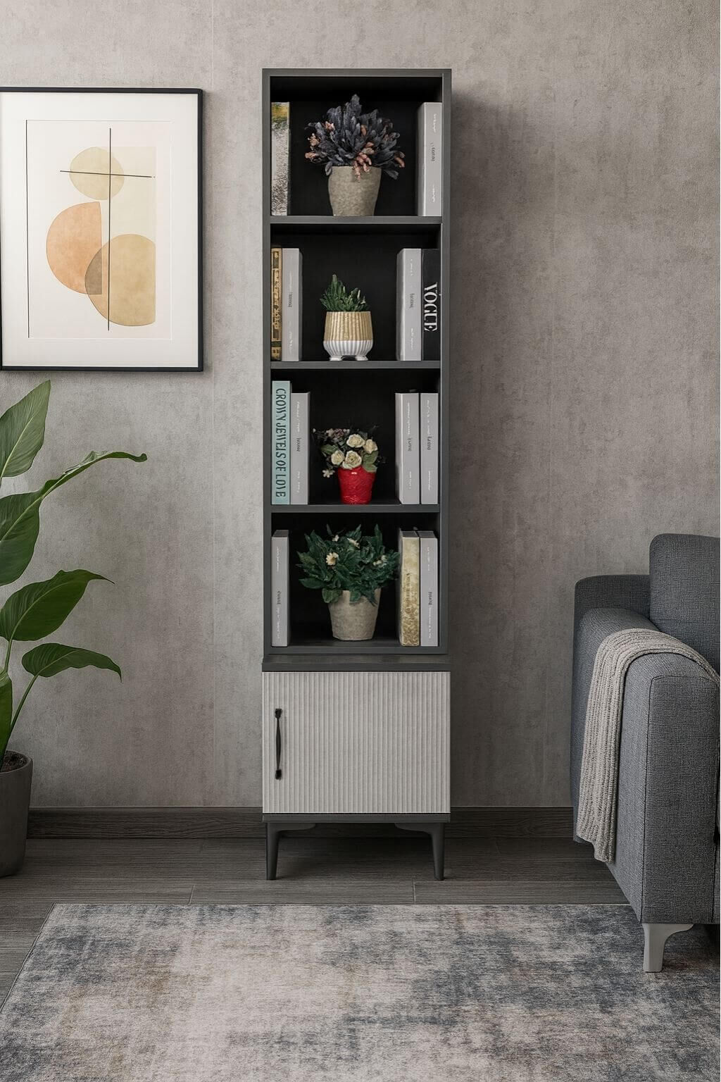 Poyraz Komodin ve Kitaplık Set | MDF Gövde | Ağaç Ayaklar | Dekoratif ve Fonksiyonel Mobilya