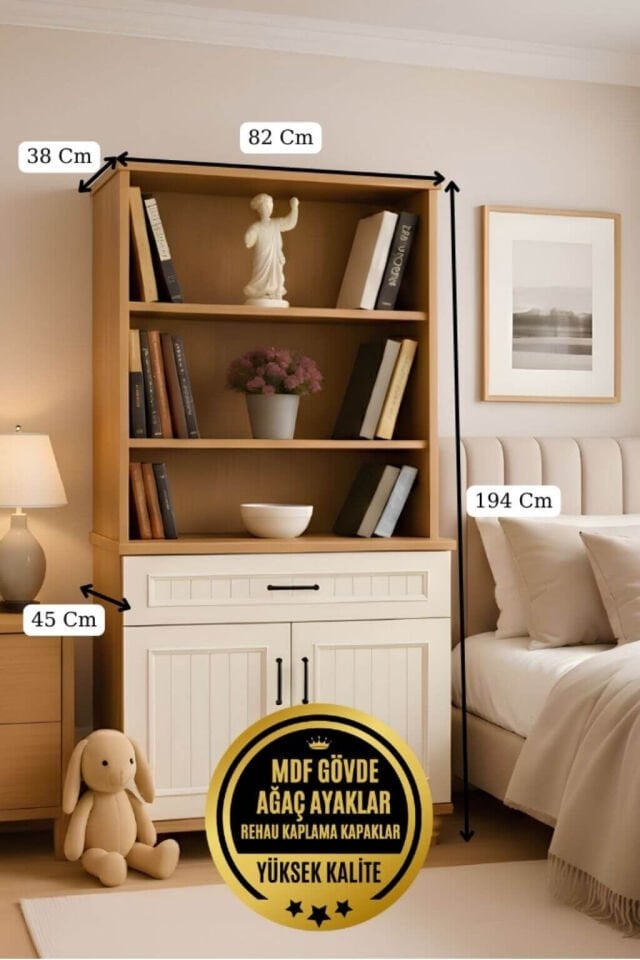 Nefes Kapaklı Şifonyer ve Kitaplık Set | MDF Gövde | Ağaç Ayaklar | Estetik ve Pratik Çözüm