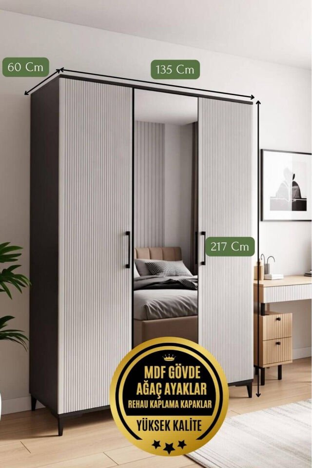 Poyraz 3 Kapaklı Dolap  | MDF Gövde | Ağaç Ayaklar | Modern ve Kullanışlı Tasarım