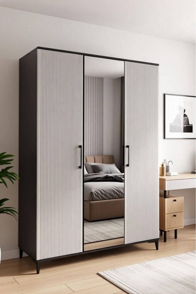 Poyraz 3 Kapaklı Dolap  | MDF Gövde | Ağaç Ayaklar | Modern ve Kullanışlı Tasarım