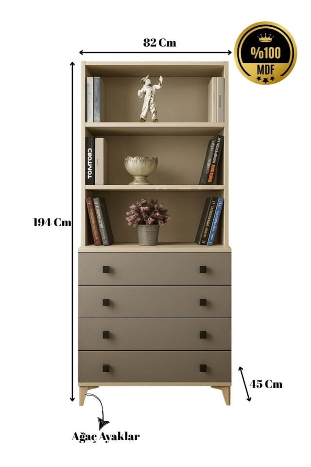 Deniz Çekmeceli Şifonyer ve Kitaplık Set | MDF Gövde | Ağaç Ayaklar | Estetik ve Pratik Çözüm