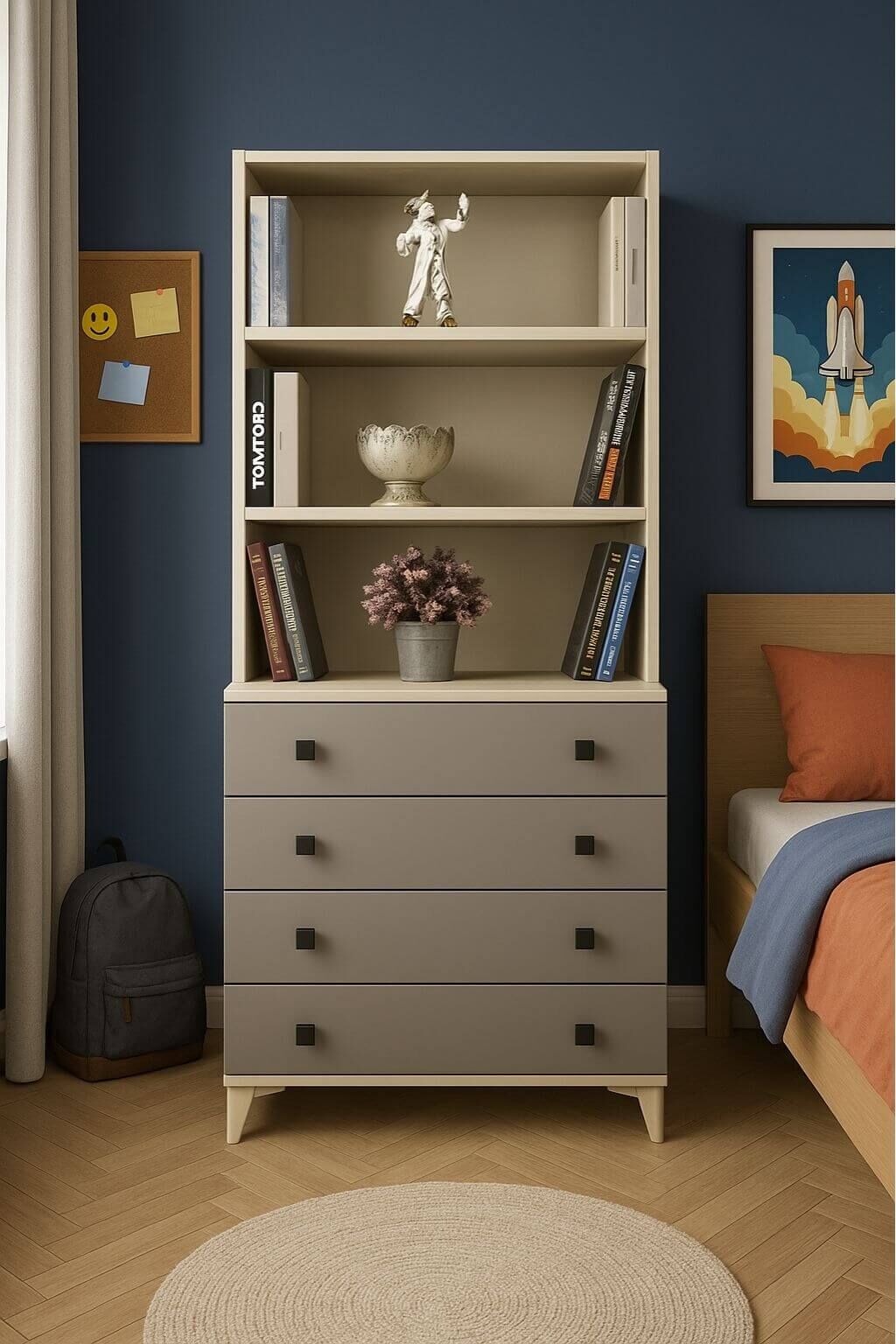 Deniz Çekmeceli Şifonyer ve Kitaplık Set | MDF Gövde | Ağaç Ayaklar | Estetik ve Pratik Çözüm