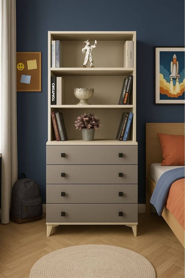 Deniz Çekmeceli Şifonyer ve Kitaplık Set | MDF Gövde | Ağaç Ayaklar | Estetik ve Pratik Çözüm