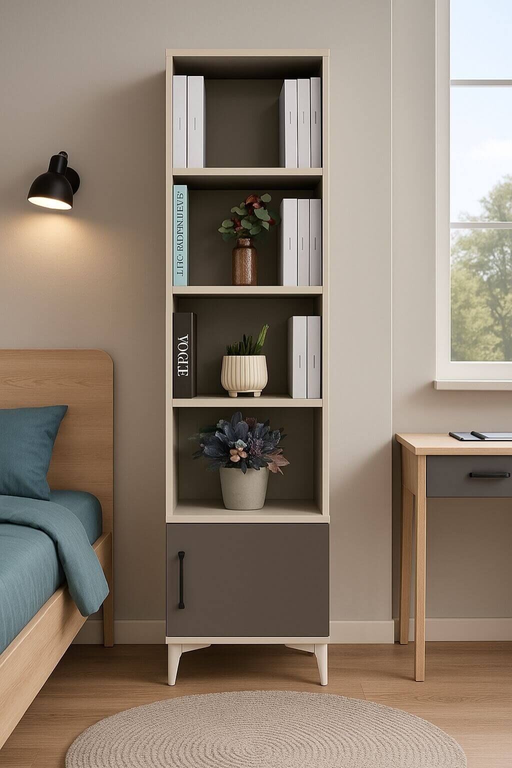 Deniz MDF Komodin ve Kitaplık Set | Ağaç Ayaklar | Dekoratif ve Fonksiyonel Mobilya