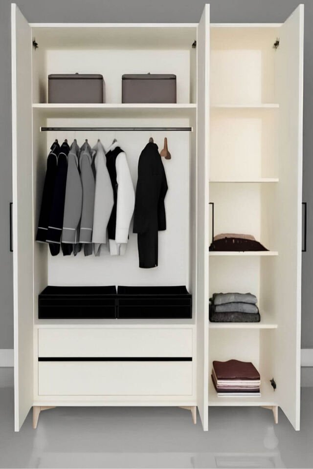 Deniz 3 Kapaklı Dolap - Çekmeceli | MDF Gövde | Ağaç Ayaklar | Fonksiyonellik ve Şıklığı Buluşturan Tasarım