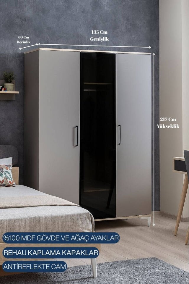 Deniz 3 Kapaklı Dolap - Çekmeceli | MDF Gövde | Ağaç Ayaklar | Fonksiyonellik ve Şıklığı Buluşturan Tasarım