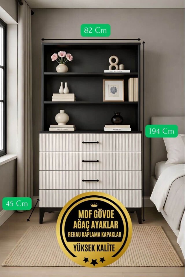 Poyraz Çekmeceli Şifonyer ve Kitaplık Set | MDF Gövde | Ağaç Ayaklar | Fonksiyonel ve Şık Genç Odası Şifonyeri