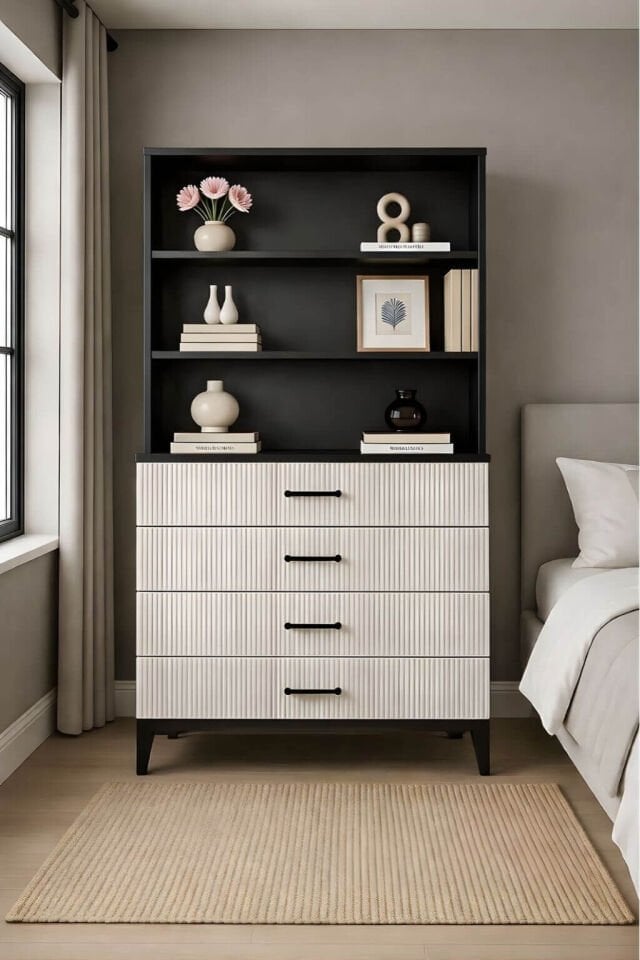 Poyraz Çekmeceli Şifonyer ve Kitaplık Set | MDF Gövde | Ağaç Ayaklar | Fonksiyonel ve Şık Genç Odası Şifonyeri