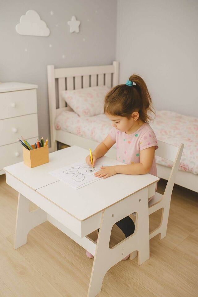 Mdf Çocuk Aktivite Masası | Açılabilir Kapaklı | Ergonomik Tasarım | 1 Sandalye+1 Masa | 2 Renk seçeneği Beyaz