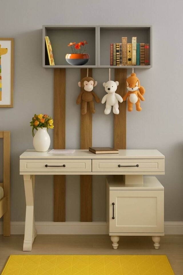 Alin Genç Odası Çalışma Masası | Kumtaşı Gövde | REHAU Kaplama Bej Renk Kapak ve Çekmeceler | MDF Tasarım